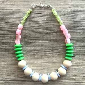 Pink & Green Statement Necklace, single One Strand Statement Necklace, blue periwinkle necklace, chunky bib bubble girls wood layering