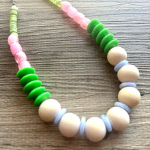 Load image into Gallery viewer, Pink &amp; Green Statement Necklace, single One Strand Statement Necklace, blue periwinkle necklace, chunky bib bubble girls wood layering