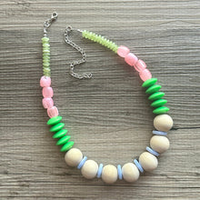 Load image into Gallery viewer, Pink &amp; Green Statement Necklace, single One Strand Statement Necklace, blue periwinkle necklace, chunky bib bubble girls wood layering