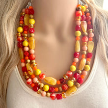 Load image into Gallery viewer, Thanksgiving Reunion Chunky 3 Strand Statement Necklace, fall necklace, red jewelry, orange necklace, yellow marigold necklace earrings