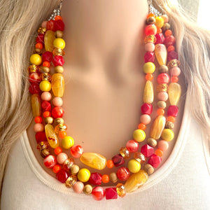 Thanksgiving Reunion Chunky 3 Strand Statement Necklace, fall necklace, red jewelry, orange necklace, yellow marigold necklace earrings