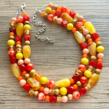 Load image into Gallery viewer, Thanksgiving Reunion Chunky 3 Strand Statement Necklace, fall necklace, red jewelry, orange necklace, yellow marigold necklace earrings
