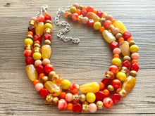 Load image into Gallery viewer, Thanksgiving Reunion Chunky 3 Strand Statement Necklace, fall necklace, red jewelry, orange necklace, yellow marigold necklace earrings