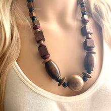 Load image into Gallery viewer, Wood Beaded long necklace, neutral beaded statement necklace, everyday gem stone chunky layering necklace vintage brown tan jewelry