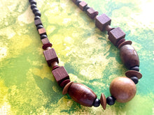 Load image into Gallery viewer, Wood Beaded long necklace, neutral beaded statement necklace, everyday gem stone chunky layering necklace vintage brown tan jewelry