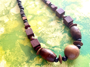 Wood Beaded long necklace, neutral beaded statement necklace, everyday gem stone chunky layering necklace vintage brown tan jewelry