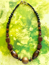 Load image into Gallery viewer, Wood Beaded long necklace, neutral beaded statement necklace, everyday gem stone chunky layering necklace vintage brown tan jewelry