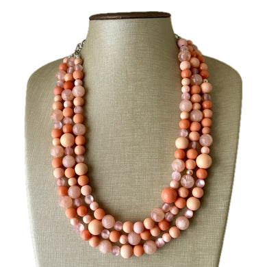 Peach & Coral Triple strand statement Necklace, Clementine Beaded Necklace, summer silver jewelry, bubble necklace bib pink orange silver