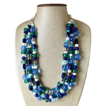 Load image into Gallery viewer, Blue Green Beach Resort Statement Necklace, Chunky 5 Strand Jewelry, turquoise silver necklace, bib beaded collar blue bead emerald glass