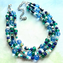 Load image into Gallery viewer, Blue Green Beach Resort Statement Necklace, Chunky 5 Strand Jewelry, turquoise silver necklace, bib beaded collar blue bead emerald glass