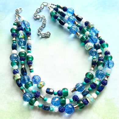Blue Green Beach Resort Statement Necklace, Chunky 5 Strand Jewelry, turquoise silver necklace, bib beaded collar blue bead emerald glass