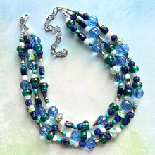 Load image into Gallery viewer, Blue Green Beach Resort Statement Necklace, Chunky 5 Strand Jewelry, turquoise silver necklace, bib beaded collar blue bead emerald glass