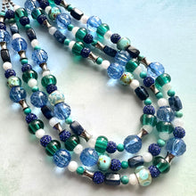 Load image into Gallery viewer, Blue Green Beach Resort Statement Necklace, Chunky 5 Strand Jewelry, turquoise silver necklace, bib beaded collar blue bead emerald glass