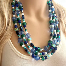 Load image into Gallery viewer, Blue Green Beach Resort Statement Necklace, Chunky 5 Strand Jewelry, turquoise silver necklace, bib beaded collar blue bead emerald glass