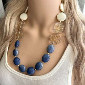 Nautical Chunky Statement Necklace, Big beaded jewelry, Single Strand Statement Necklace, navy blue an white, gold navy necklace, white gold