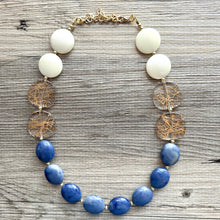 Load image into Gallery viewer, Nautical Chunky Statement Necklace, Big beaded jewelry, Single Strand Statement Necklace, navy blue an white, gold navy necklace, white gold