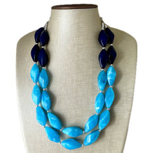 Load image into Gallery viewer, Seascape Skyline chunky necklace, dark blue swirl beaded jewelry, resin beaded Ombré necklace, blue silver turquoise navy blue aqua