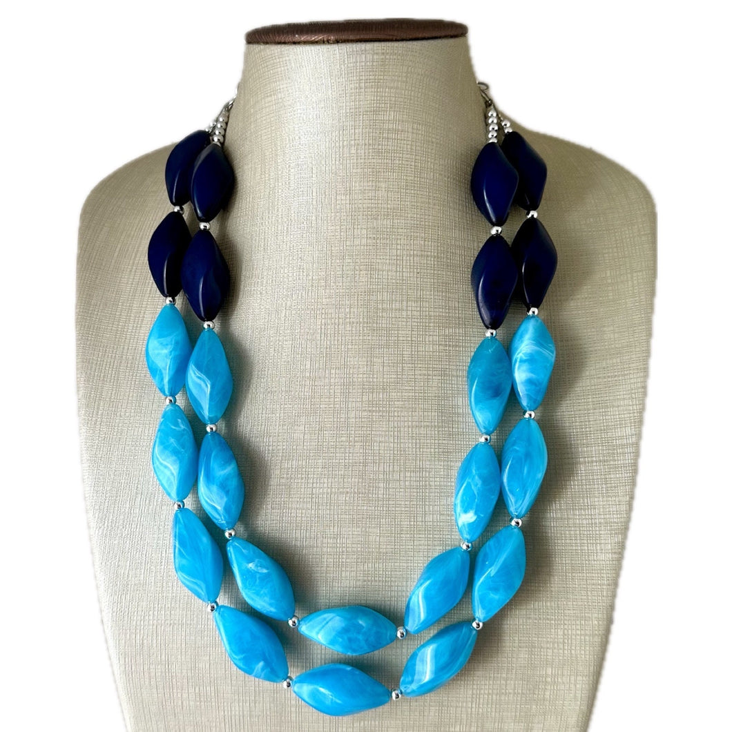 Seascape Skyline chunky necklace, dark blue swirl beaded jewelry, resin beaded Ombré necklace, blue silver turquoise navy blue aqua