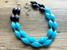 Load image into Gallery viewer, Seascape Skyline chunky necklace, dark blue swirl beaded jewelry, resin beaded Ombré necklace, blue silver turquoise navy blue aqua