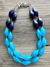 Load image into Gallery viewer, Seascape Skyline chunky necklace, dark blue swirl beaded jewelry, resin beaded Ombré necklace, blue silver turquoise navy blue aqua