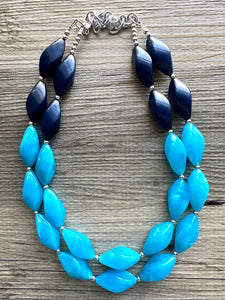 Seascape Skyline chunky necklace, dark blue swirl beaded jewelry, resin beaded Ombré necklace, blue silver turquoise navy blue aqua