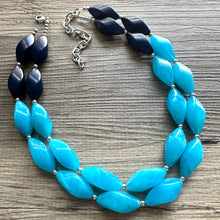Load image into Gallery viewer, Seascape Skyline chunky necklace, dark blue swirl beaded jewelry, resin beaded Ombré necklace, blue silver turquoise navy blue aqua