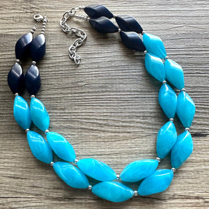 Seascape Skyline chunky necklace, dark blue swirl beaded jewelry, resin beaded Ombré necklace, blue silver turquoise navy blue aqua
