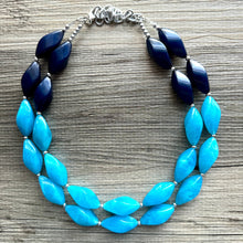 Load image into Gallery viewer, Seascape Skyline chunky necklace, dark blue swirl beaded jewelry, resin beaded Ombré necklace, blue silver turquoise navy blue aqua