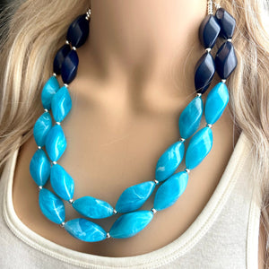 Seascape Skyline chunky necklace, dark blue swirl beaded jewelry, resin beaded Ombré necklace, blue silver turquoise navy blue aqua