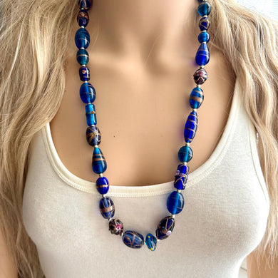 Blue & Gold Necklace, single strand jewelry, big beaded chunky statement necklace, gold bridesmaid necklace, Royal blue lampwork glass