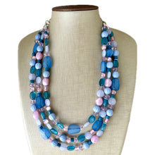 Load image into Gallery viewer, Creamy Periwinkle Popsicle 3 strand chunky jewelry, beaded blue jewelry, light purple thick necklace, turquoise emerald green bib lavender