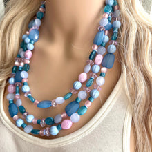 Load image into Gallery viewer, Creamy Periwinkle Popsicle 3 strand chunky jewelry, beaded blue jewelry, light purple thick necklace, turquoise emerald green bib lavender