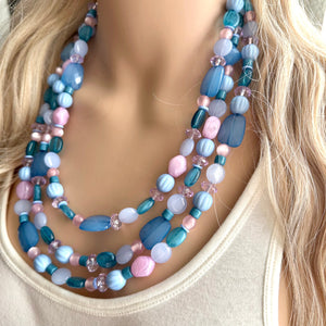 Creamy Periwinkle Popsicle 3 strand chunky jewelry, beaded blue jewelry, light purple thick necklace, turquoise emerald green bib lavender