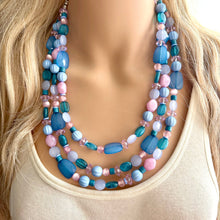 Load image into Gallery viewer, Creamy Periwinkle Popsicle 3 strand chunky jewelry, beaded blue jewelry, light purple thick necklace, turquoise emerald green bib lavender