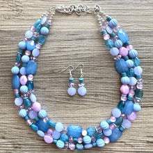 Load image into Gallery viewer, Creamy Periwinkle Popsicle 3 strand chunky jewelry, beaded blue jewelry, light purple thick necklace, turquoise emerald green bib lavender