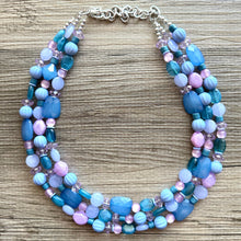 Load image into Gallery viewer, Creamy Periwinkle Popsicle 3 strand chunky jewelry, beaded blue jewelry, light purple thick necklace, turquoise emerald green bib lavender