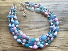 Load image into Gallery viewer, Creamy Periwinkle Popsicle 3 strand chunky jewelry, beaded blue jewelry, light purple thick necklace, turquoise emerald green bib lavender