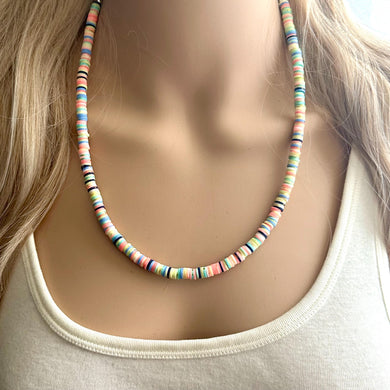 Pastel & Glitter Heishi Beaded Necklace, rainbow Colorful Jewelry, Chunky statement layering beaded necklace, color block peach tan pink