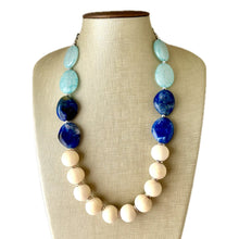 Load image into Gallery viewer, Wood Beaded long necklace, neutral beaded statement necklace, everyday royal blue chunky layering aqua light blue vintage birch tan jewelry