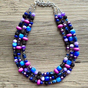 Midnight Rendezvous Necklace, Purple & Blue Statement Necklace, 3 strand chunky jewelry, dark blue navy cadet sparkle glass lavender