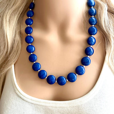 Big Bead Royal Blue Necklace, single Strand Statement Jewelry, Crackle Cream Chunky bib bridesmaid everyday bubble, gifts for women silver