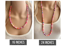 Load image into Gallery viewer, Long Rainbow Row Heishi Beaded Necklace, Colorful Jewelry, Chunky statement necklace, beaded necklace, color block necklace pride plus size