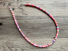 Load image into Gallery viewer, Long Rainbow Row Heishi Beaded Necklace, Colorful Jewelry, Chunky statement necklace, beaded necklace, color block necklace pride plus size