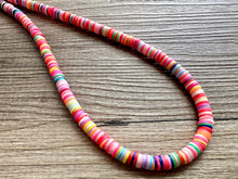 Load image into Gallery viewer, Long Rainbow Row Heishi Beaded Necklace, Colorful Jewelry, Chunky statement necklace, beaded necklace, color block necklace pride plus size