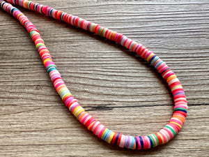 Long Rainbow Row Heishi Beaded Necklace, Colorful Jewelry, Chunky statement necklace, beaded necklace, color block necklace pride plus size