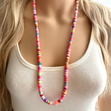 Load image into Gallery viewer, Long Rainbow Row Heishi Beaded Necklace, Colorful Jewelry, Chunky statement necklace, beaded necklace, color block necklace pride plus size