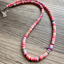 Load image into Gallery viewer, Long Rainbow Row Heishi Beaded Necklace, Colorful Jewelry, Chunky statement necklace, beaded necklace, color block necklace pride plus size