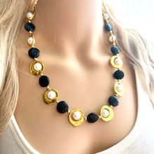 Load image into Gallery viewer, Pearl Black &amp; Gold Chunky Statement Necklace, 1 Strand Beaded Jewelry golden jewelry, bridesmaid wedding bib rose gold white pearl single