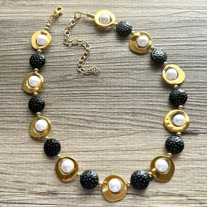 Pearl Black & Gold Chunky Statement Necklace, 1 Strand Beaded Jewelry golden jewelry, bridesmaid wedding bib rose gold white pearl single