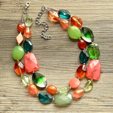 Watermelon Seascape Necklace, Pink & Green Chunky Statement Necklace, coral lime beaded necklace jewelry, multi color strand bib chunky